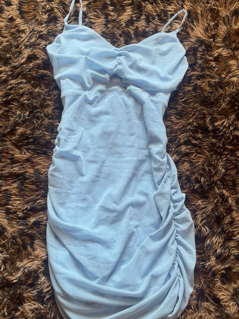Shimmer Ruched Spaghetti-Strap Mini Dress in Light Blue